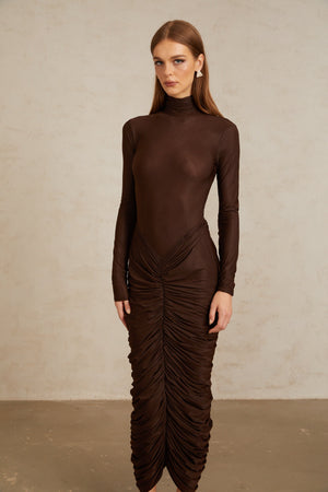 Aurohaya Charitina Brown Fitted Ruched Midi Dress
