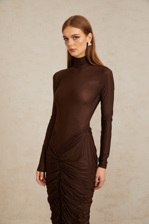 Aurohaya Charitina Brown Fitted Ruched Midi Dress