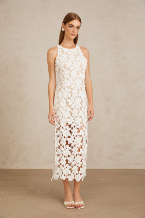 Aurohaya Wilhelmine White Cutout Embroidered Floral Midi Dress