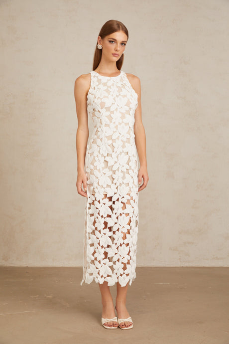 Aurohaya Wilhelmine White Cutout Embroidered Floral Midi Dress