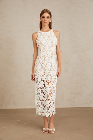 Aurohaya Wilhelmine White Cutout Embroidered Floral Midi Dress