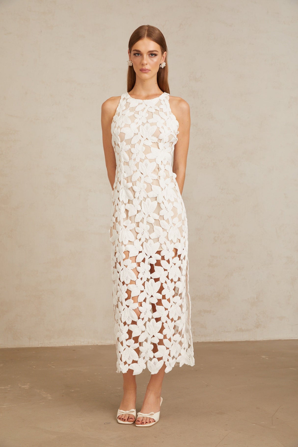 Aurohaya Wilhelmine White Cutout Embroidered Floral Midi Dress