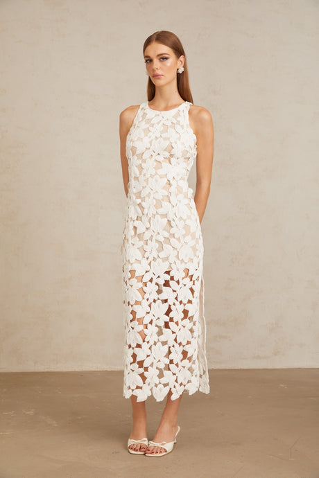 Aurohaya Wilhelmine White Cutout Embroidered Floral Midi Dress