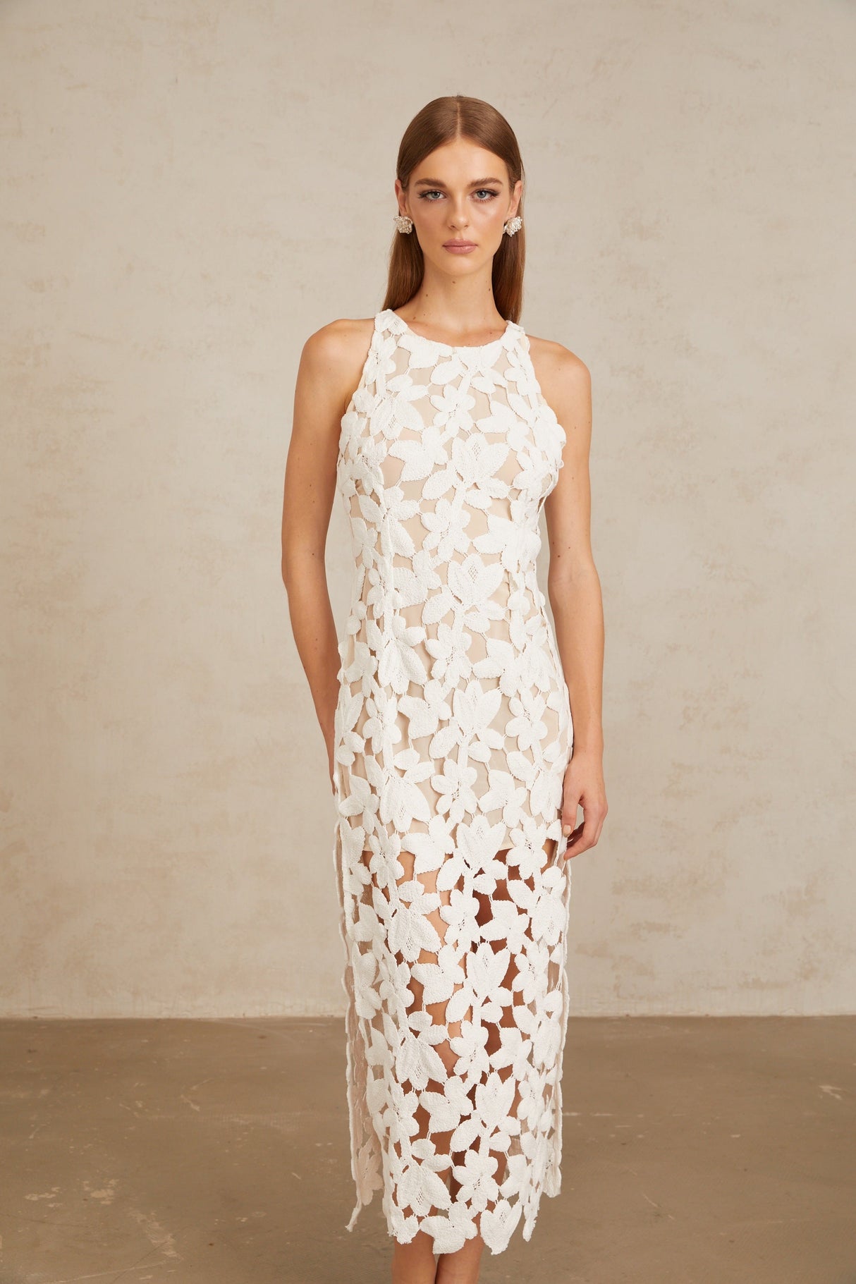 Aurohaya Wilhelmine White Cutout Embroidered Floral Midi Dress