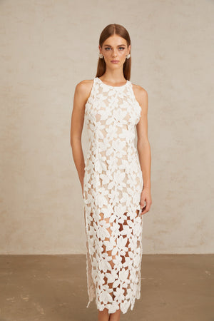 Aurohaya Wilhelmine White Cutout Embroidered Floral Midi Dress