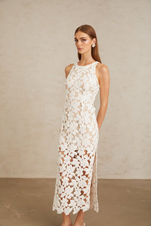 Aurohaya Wilhelmine White Cutout Embroidered Floral Midi Dress
