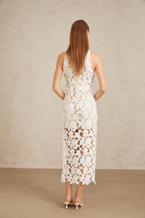Aurohaya Wilhelmine White Cutout Embroidered Floral Midi Dress