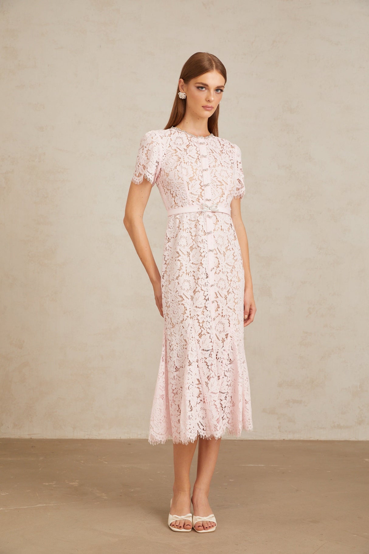 Aurohaya Sabine Pink Floral Lace Mermaid Midi Dress