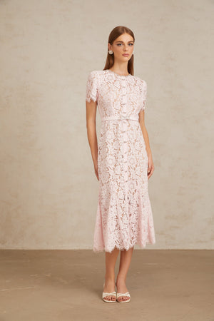 Aurohaya Sabine Pink Floral Lace Mermaid Midi Dress