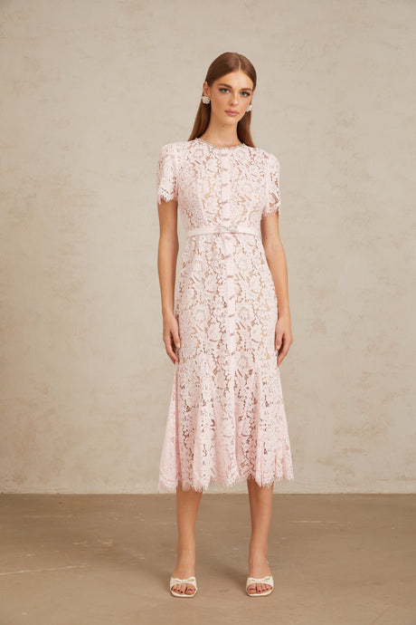 Aurohaya Sabine Pink Floral Lace Mermaid Midi Dress