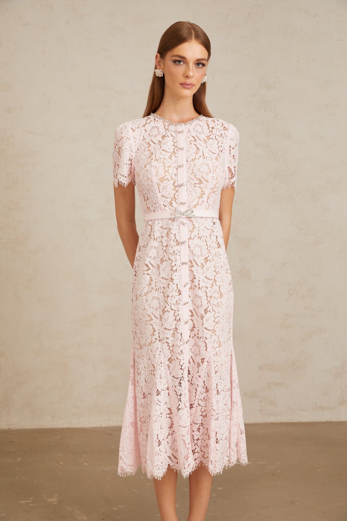 Aurohaya Sabine Pink Floral Lace Mermaid Midi Dress