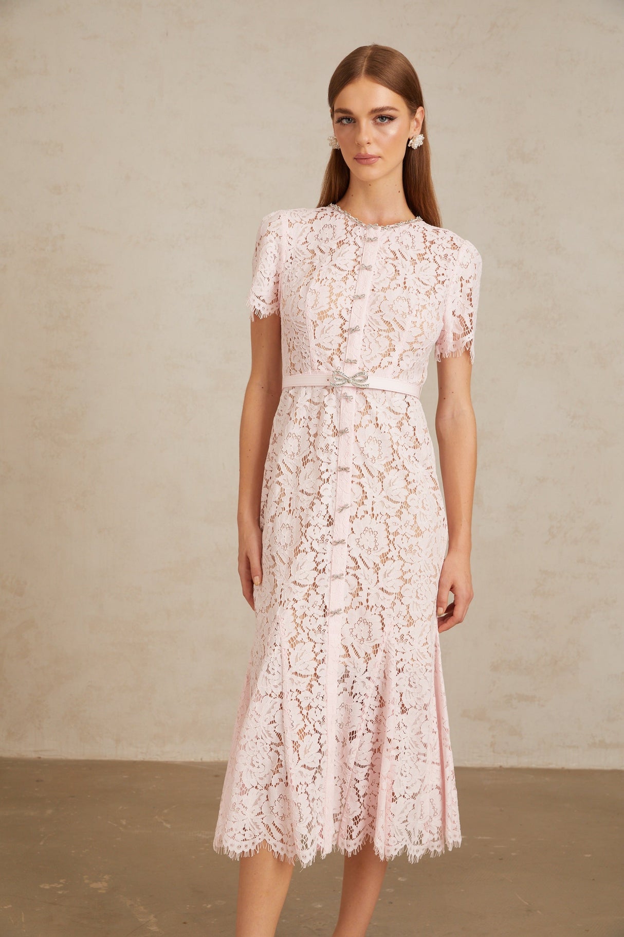 Aurohaya Sabine Pink Floral Lace Mermaid Midi Dress