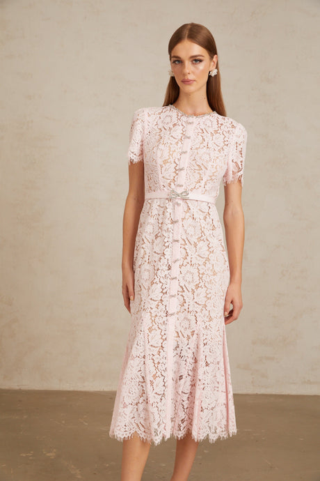 Aurohaya Sabine Pink Floral Lace Mermaid Midi Dress