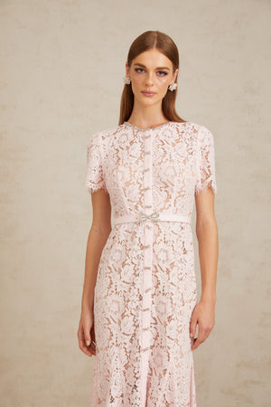 Aurohaya Sabine Pink Floral Lace Mermaid Midi Dress