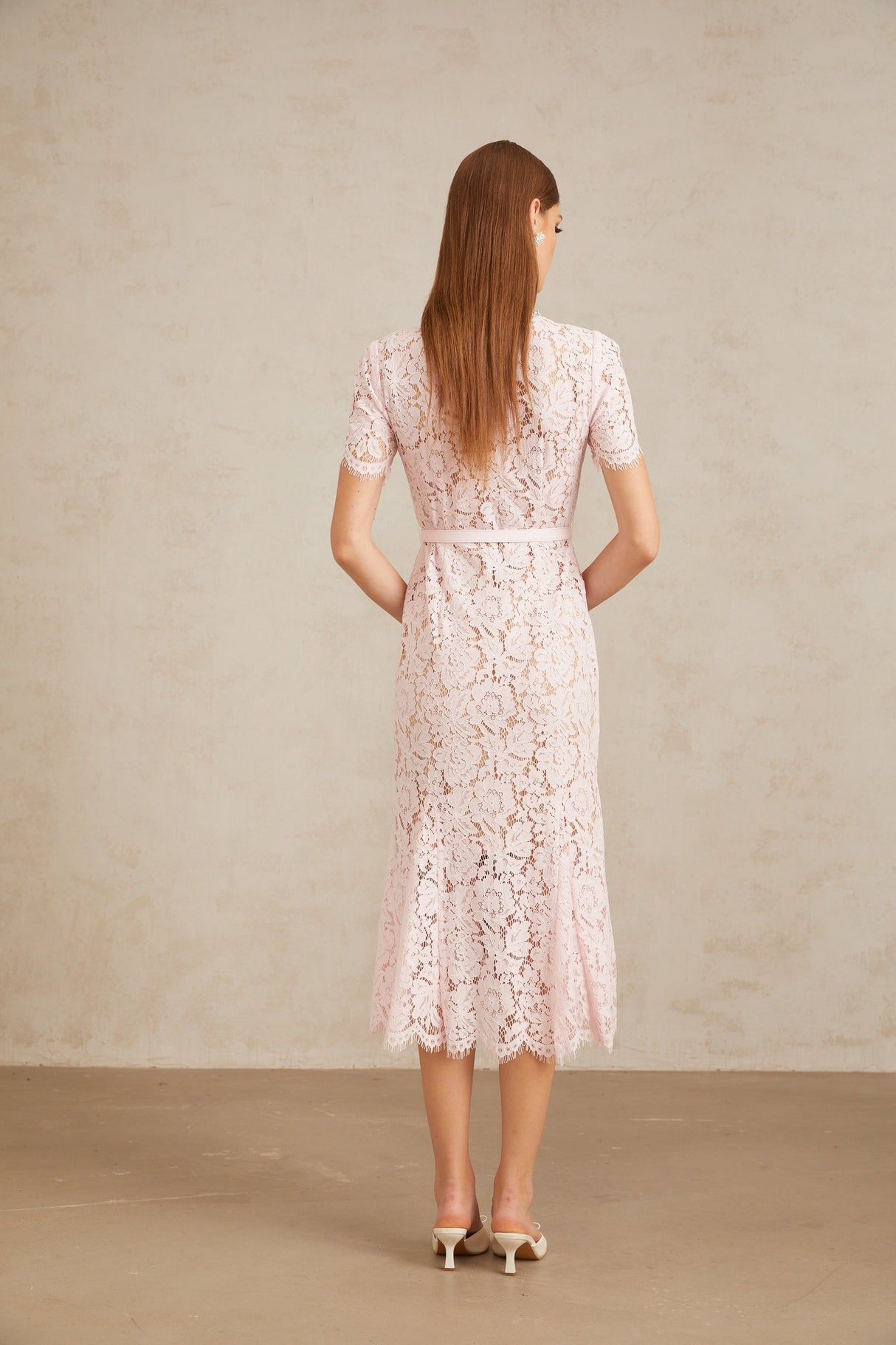 Aurohaya Sabine Pink Floral Lace Mermaid Midi Dress