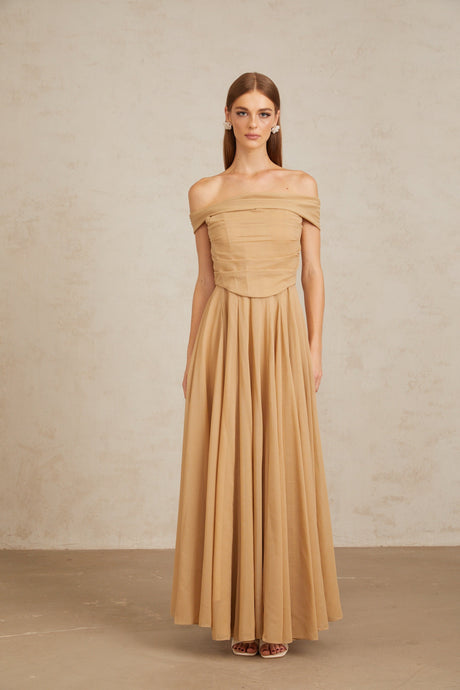 Aurohaya Urbaine Khaki Ruched Tulle Maxi Dress