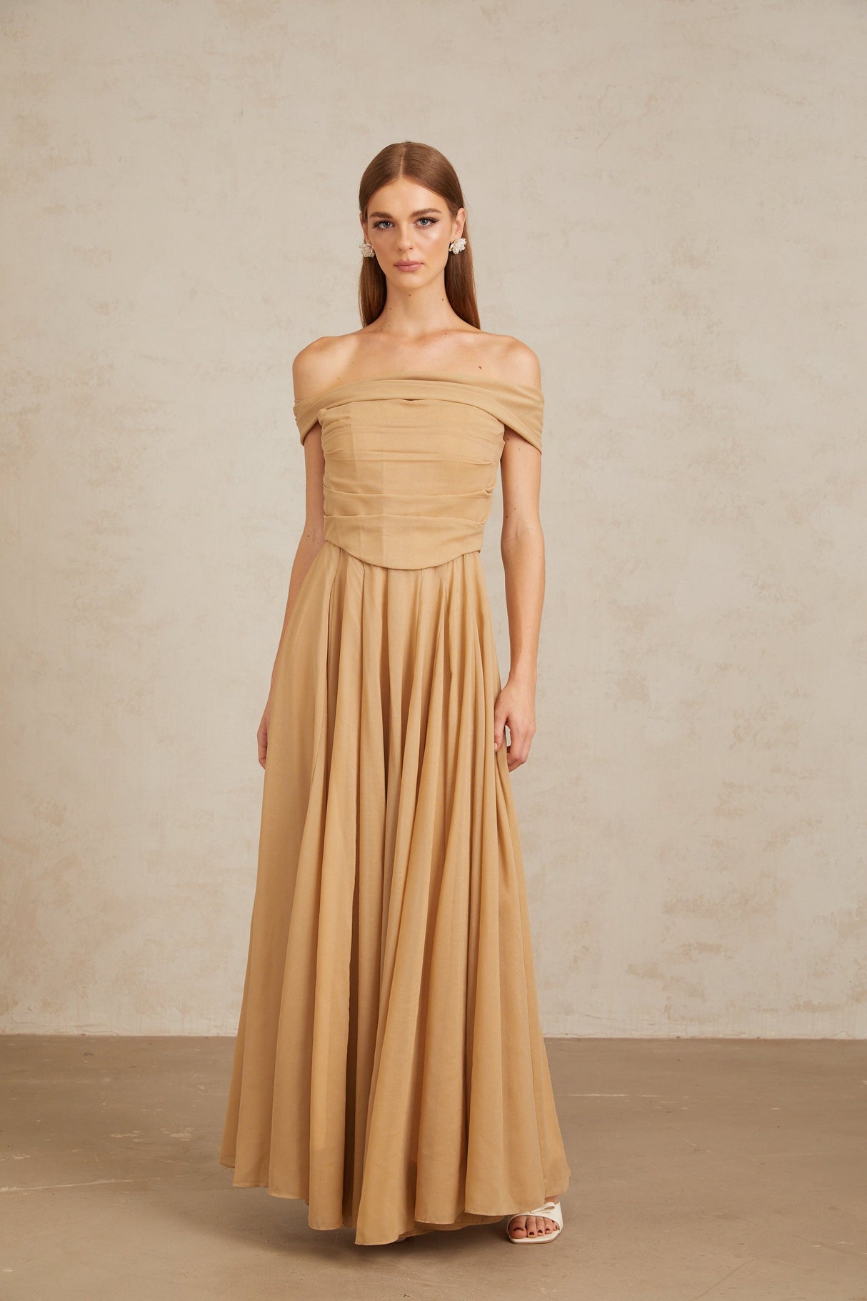 Aurohaya Urbaine Khaki Ruched Tulle Maxi Dress