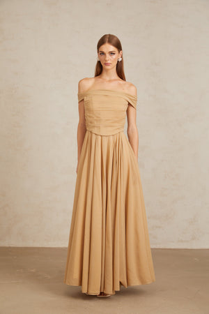 Aurohaya Urbaine Khaki Ruched Tulle Maxi Dress