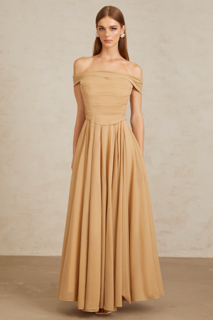 Aurohaya Urbaine Khaki Ruched Tulle Maxi Dress