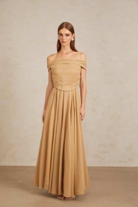 Aurohaya Urbaine Khaki Ruched Tulle Maxi Dress