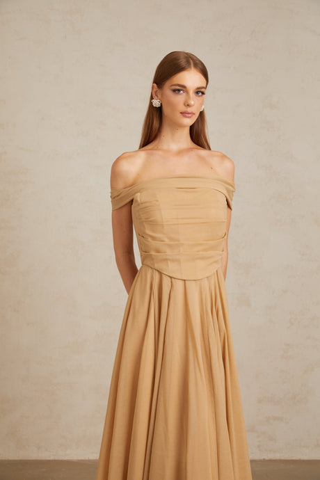 Aurohaya Urbaine Khaki Ruched Tulle Maxi Dress