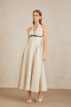 Aurohaya Estelle White Polka Dot Midi Dress