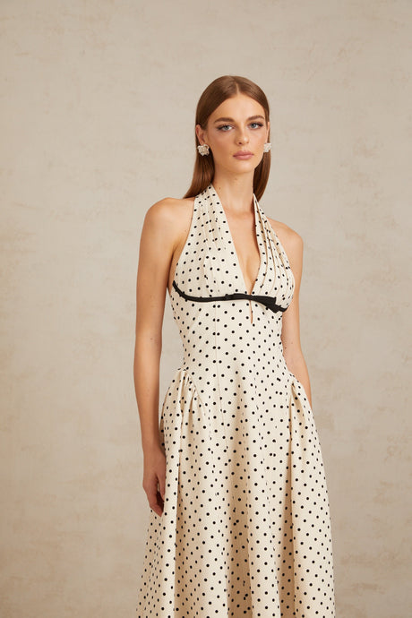 Aurohaya Estelle White Polka Dot Midi Dress