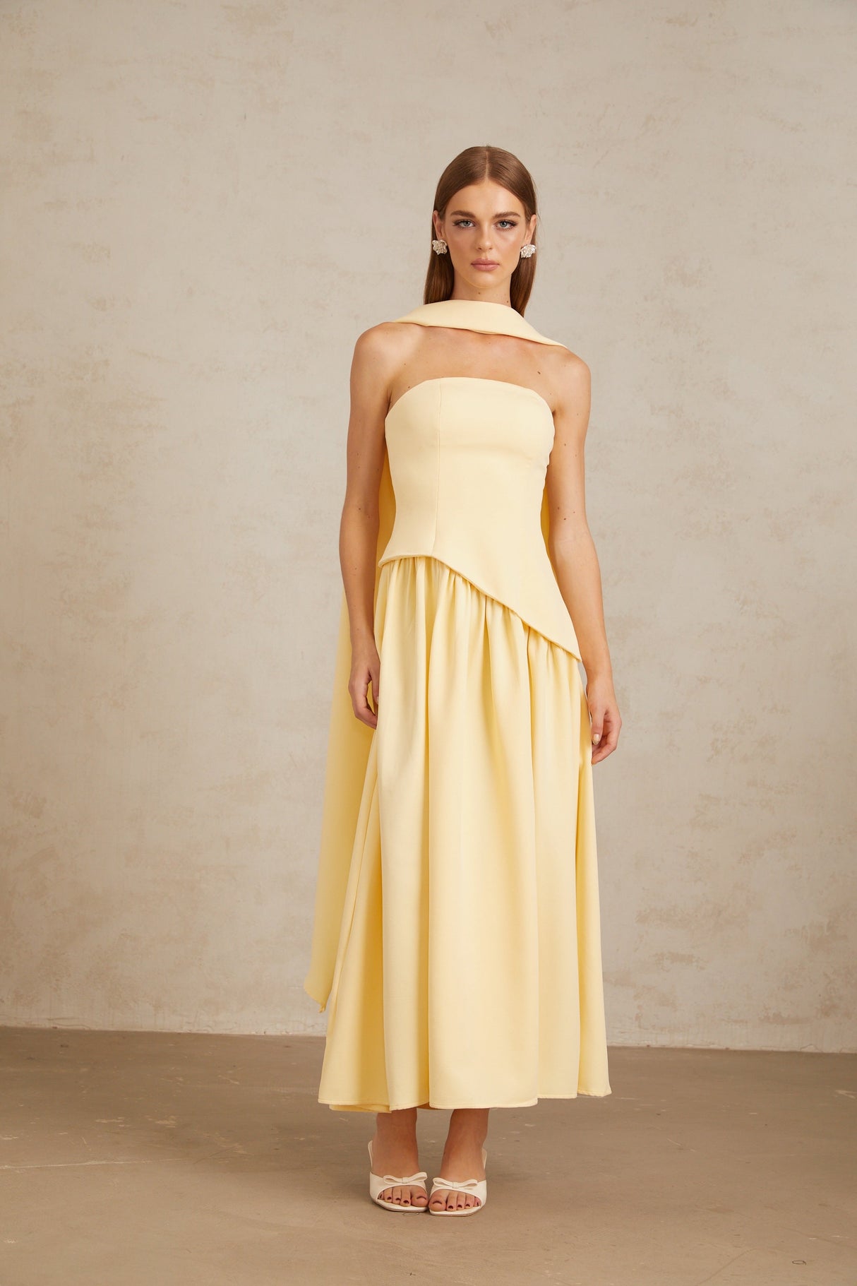 Aurohaya Sidonie Yellow Off-Shoulder Panel Maxi Gown