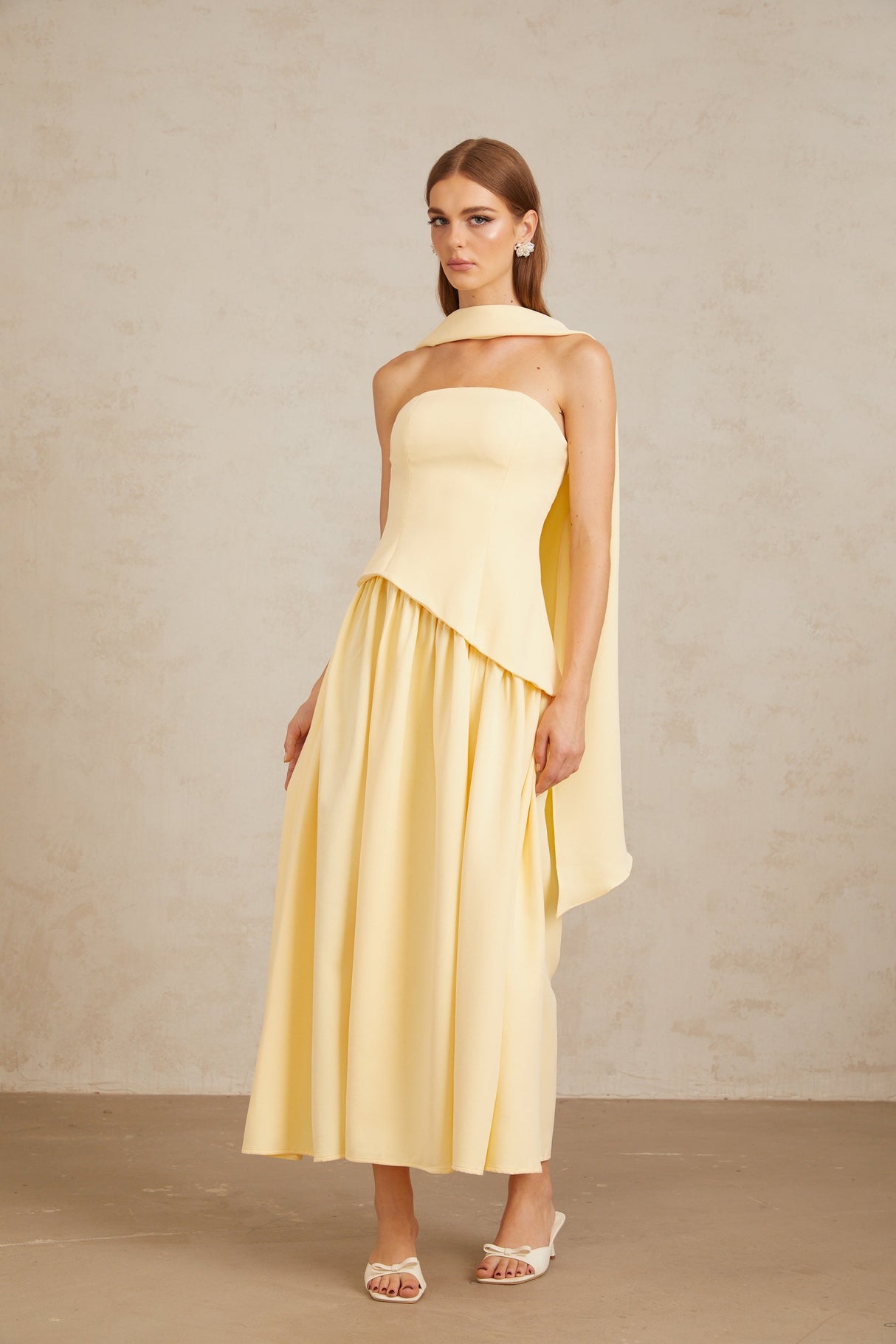 Aurohaya Sidonie Yellow Off-Shoulder Panel Maxi Gown