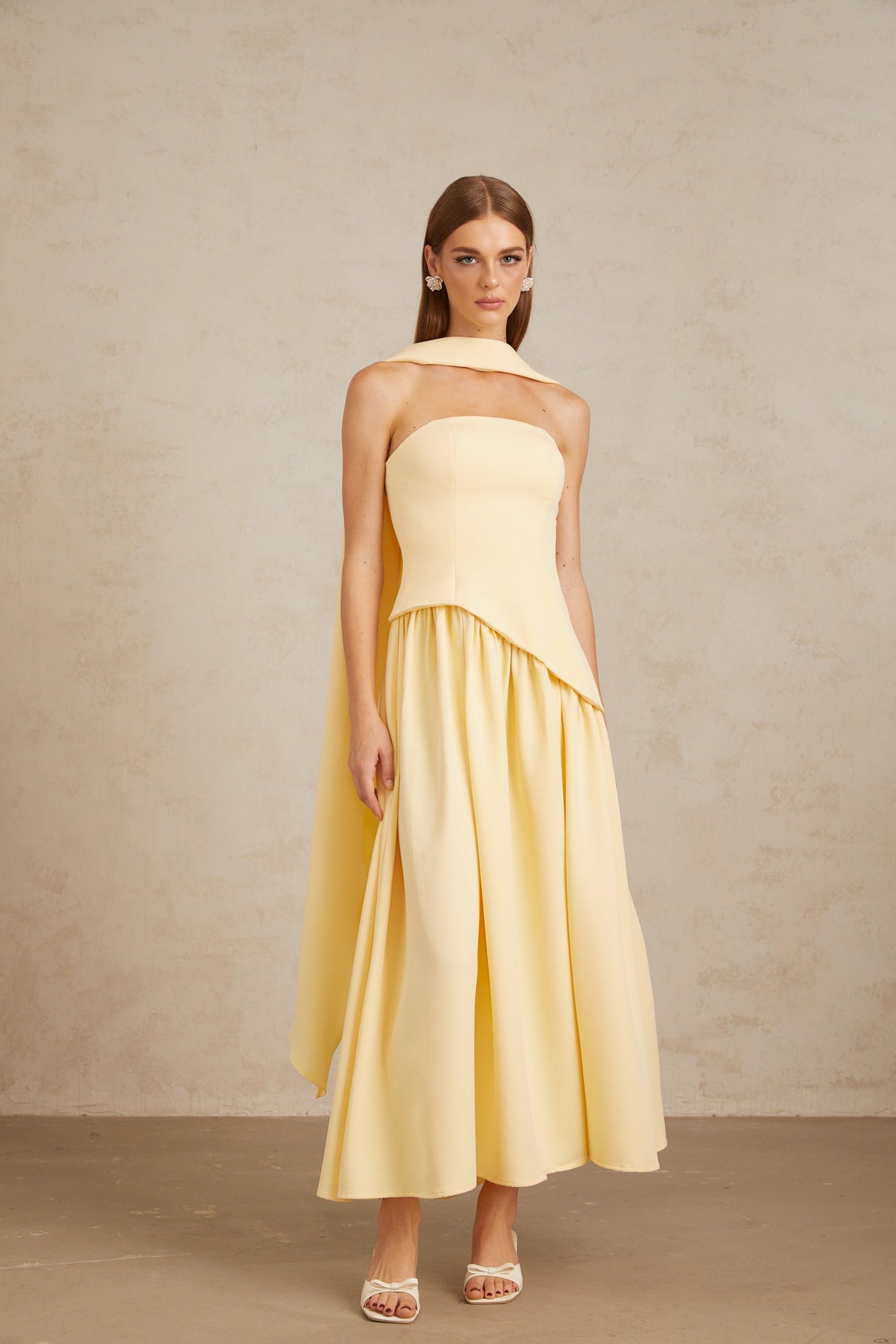 Aurohaya Sidonie Yellow Off-Shoulder Panel Maxi Gown