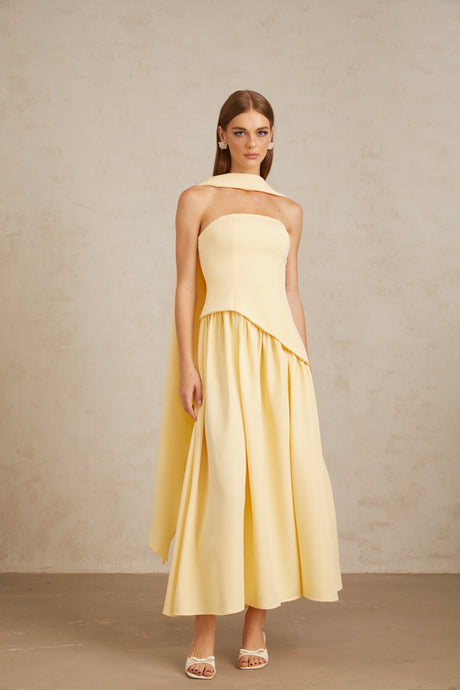 Aurohaya Sidonie Yellow Off-Shoulder Panel Maxi Gown