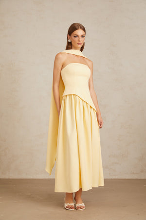 Aurohaya Sidonie Yellow Off-Shoulder Panel Maxi Gown