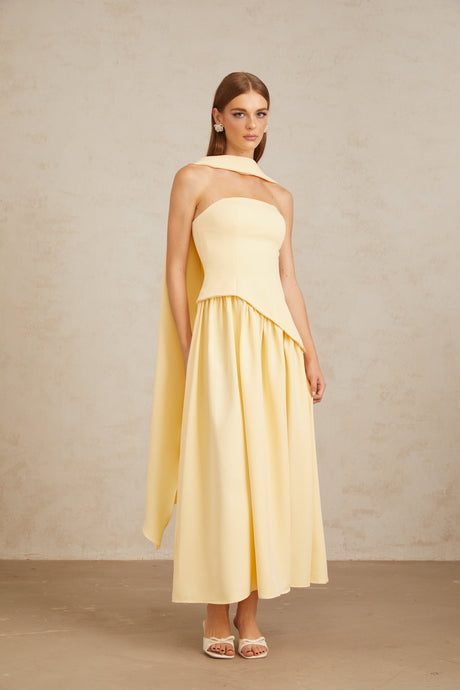 Aurohaya Sidonie Yellow Off-Shoulder Panel Maxi Gown