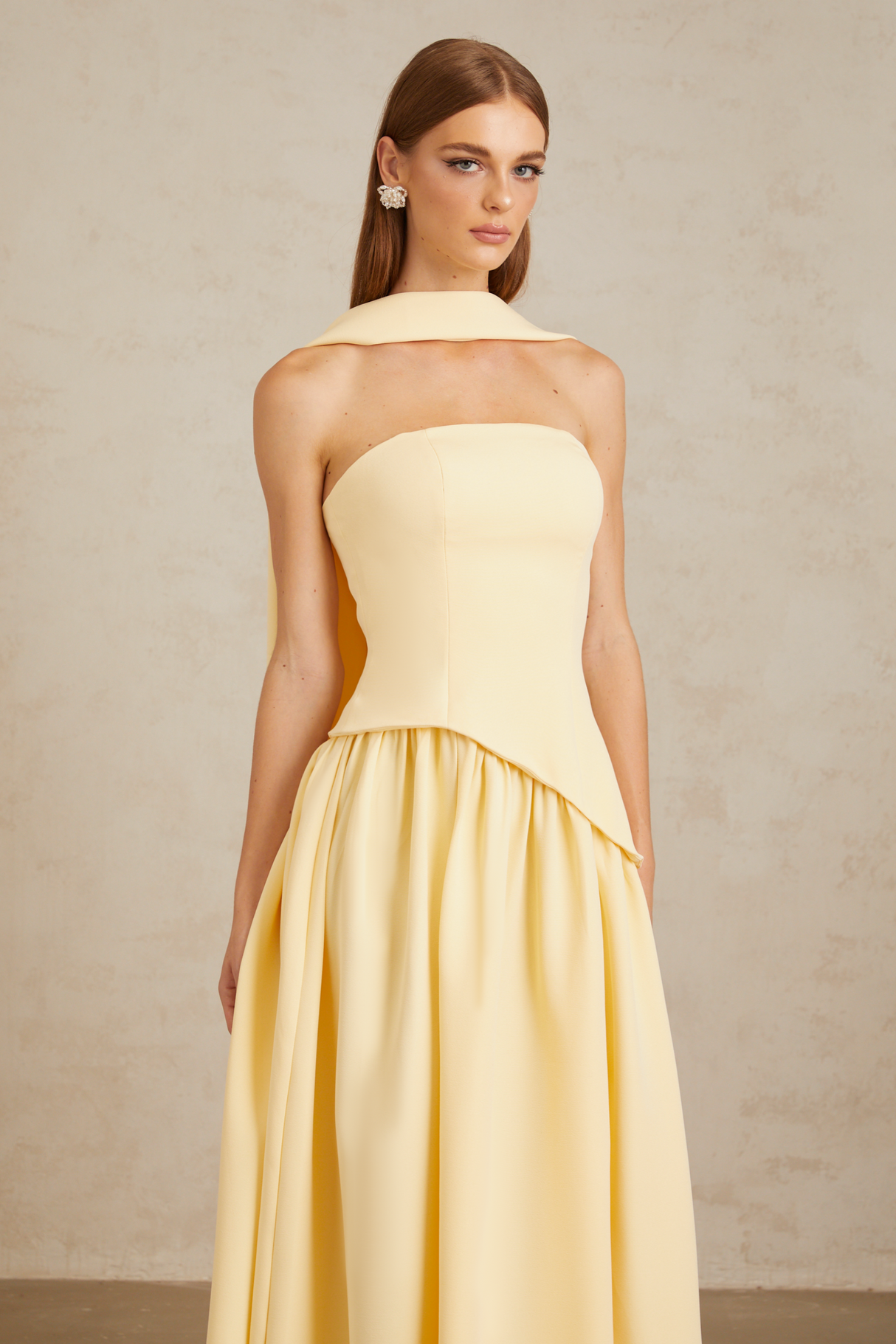 Aurohaya Sidonie Yellow Off-Shoulder Panel Maxi Gown