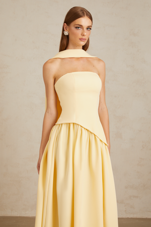 Aurohaya Sidonie Yellow Off-Shoulder Panel Maxi Gown