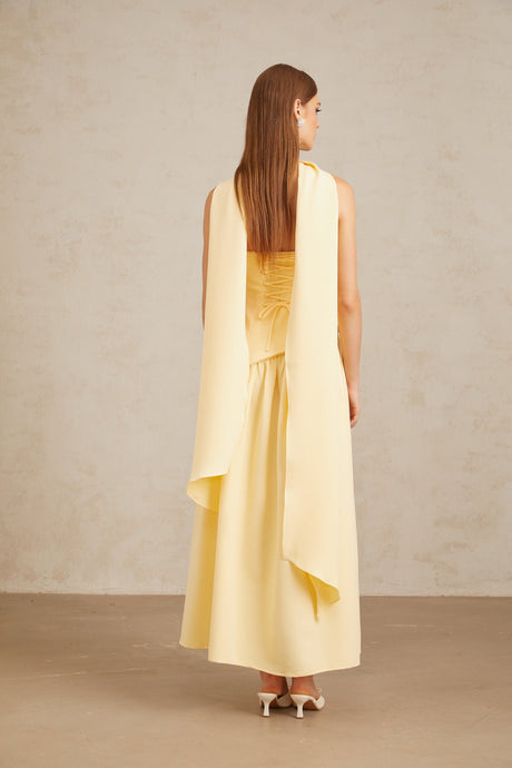 Aurohaya Sidonie Yellow Off-Shoulder Panel Maxi Gown