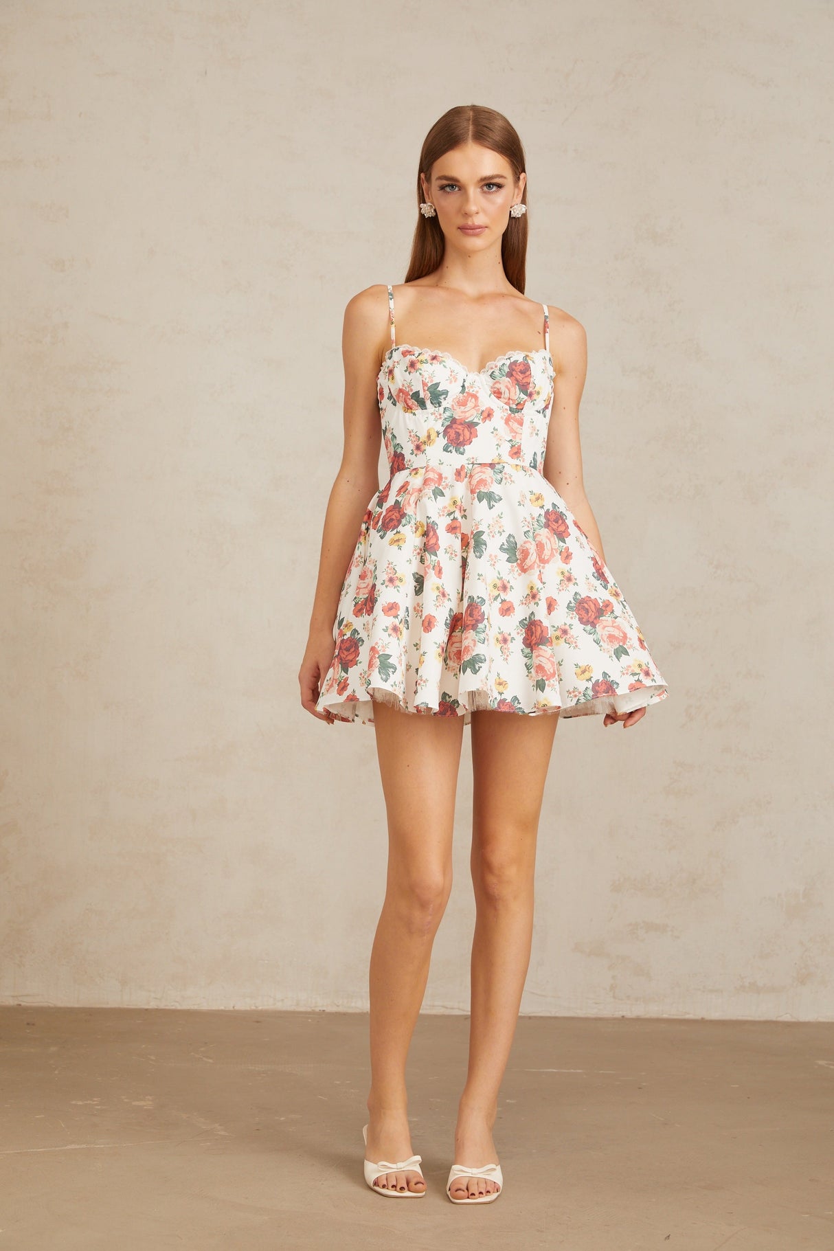Aurohaya Airelle White Flounced Rose Print Mini Dress