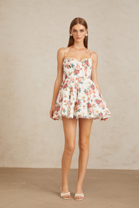 Aurohaya Airelle White Flounced Rose Print Mini Dress