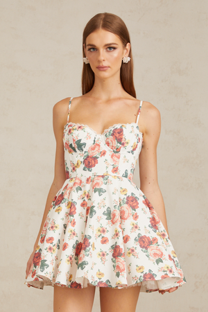 Aurohaya Airelle White Flounced Rose Print Mini Dress
