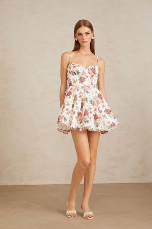 Aurohaya Airelle White Flounced Rose Print Mini Dress