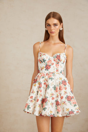 Aurohaya Airelle White Flounced Rose Print Mini Dress