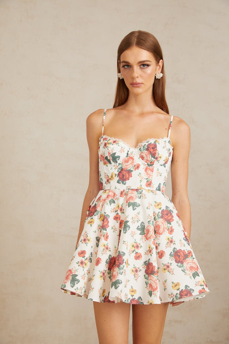 Aurohaya Airelle White Flounced Rose Print Mini Dress