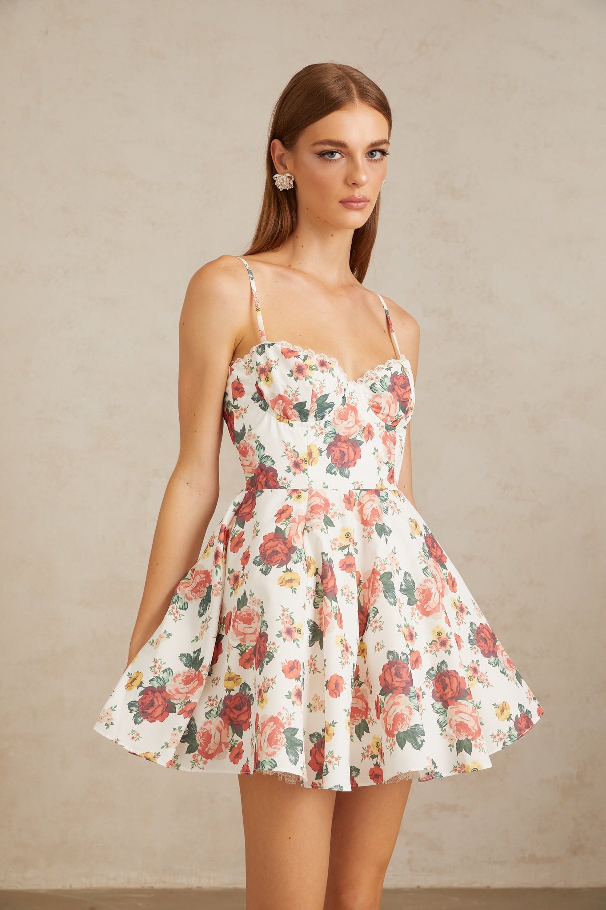 Aurohaya Airelle White Flounced Rose Print Mini Dress