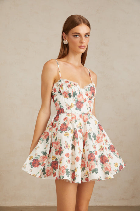 Aurohaya Airelle White Flounced Rose Print Mini Dress