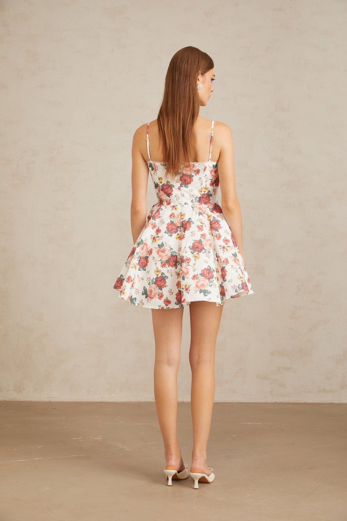 Aurohaya Airelle White Flounced Rose Print Mini Dress