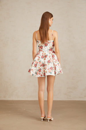 Aurohaya Airelle White Flounced Rose Print Mini Dress