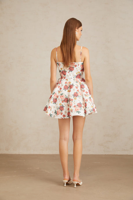 Aurohaya Airelle White Flounced Rose Print Mini Dress