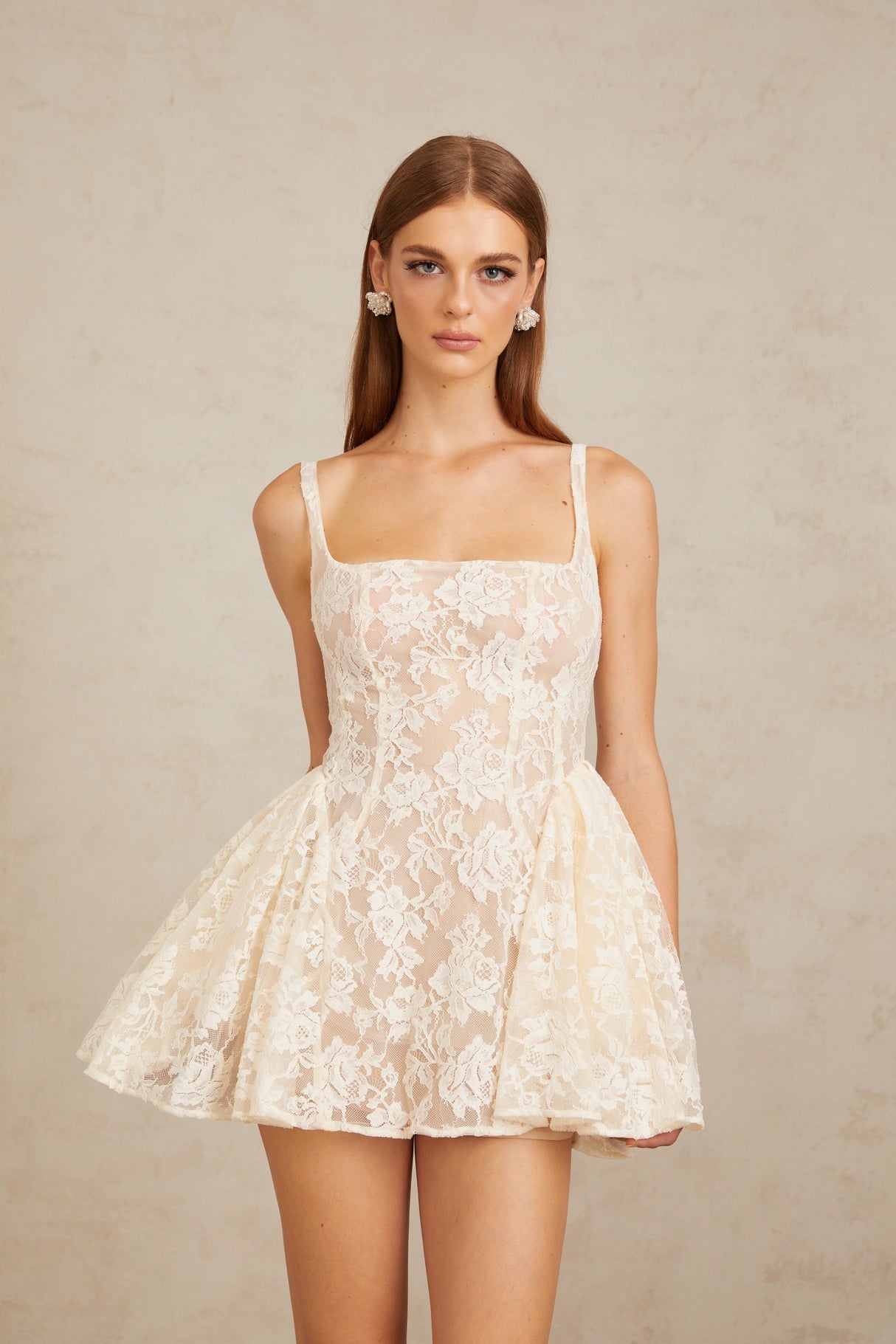 Aurohaya Euphemia Cream White Floral Lace Mini Dress