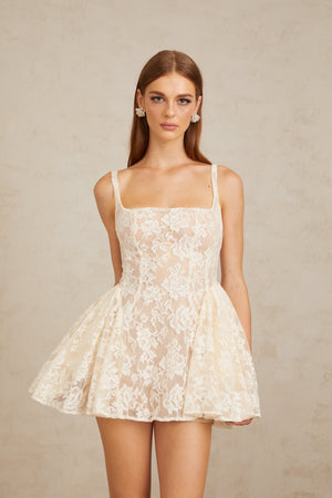 Aurohaya Euphemia Cream White Floral Lace Mini Dress