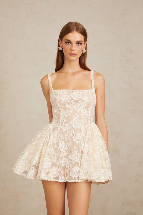 Aurohaya Euphemia Cream White Floral Lace Mini Dress